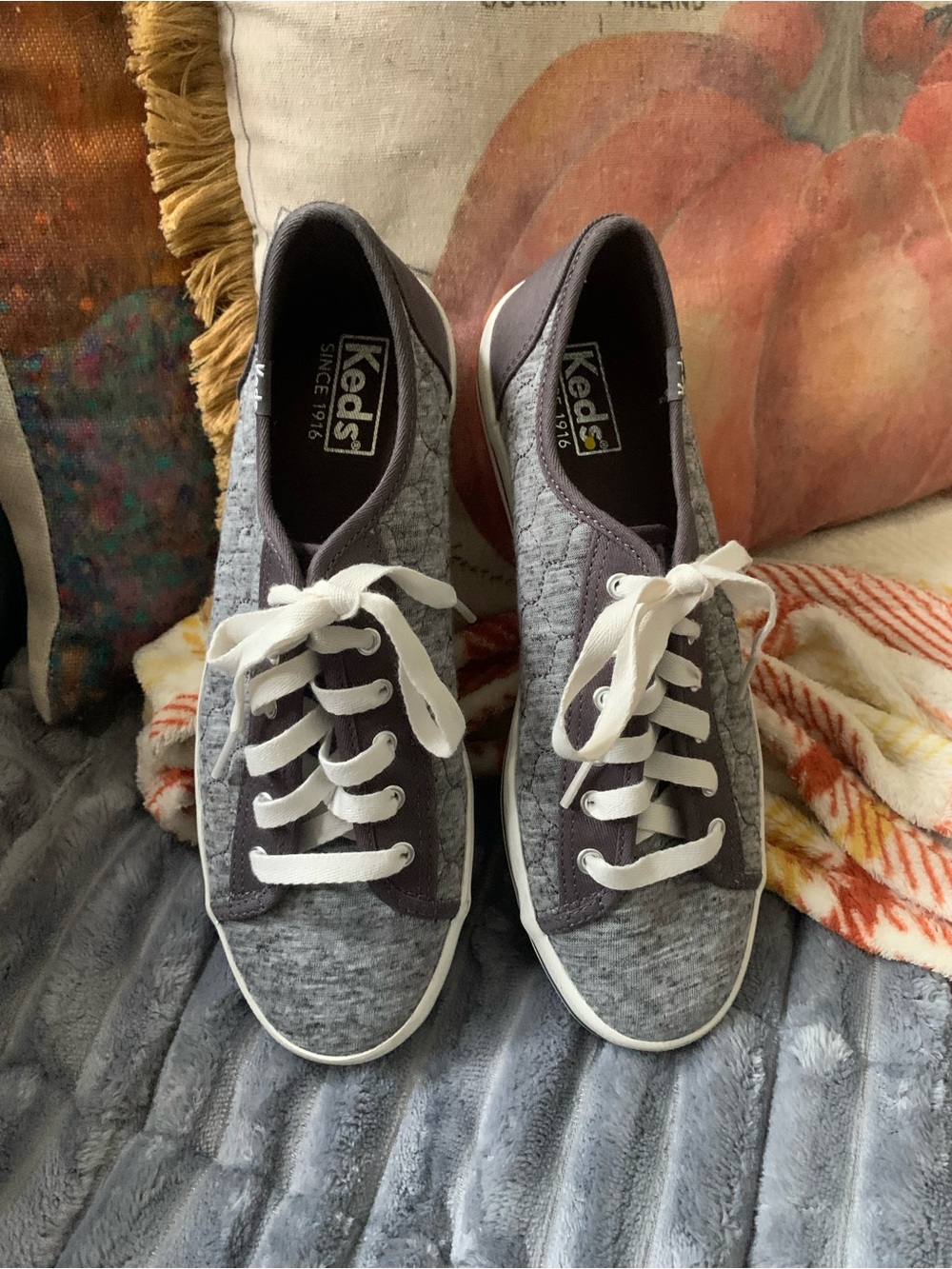 Keds’ Kickstart Gray and Charcoal Quilted Lace—Up Canvas Sneakers, Size: 7.5